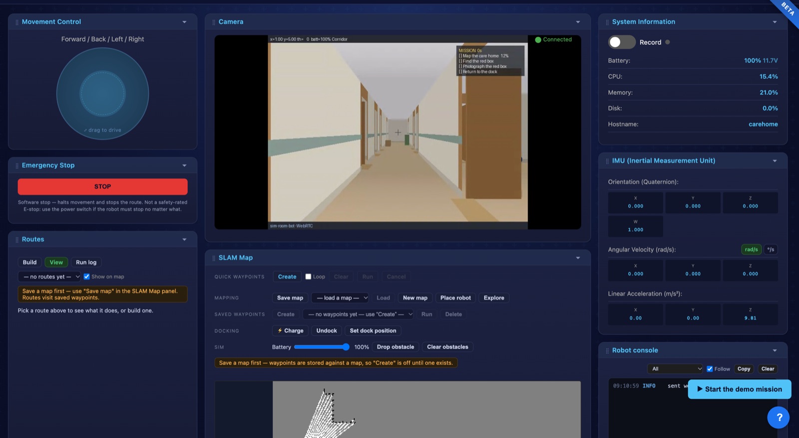 The Platform robot dashboard: live camera feed, movement joystick, SLAM map building, system telemetry